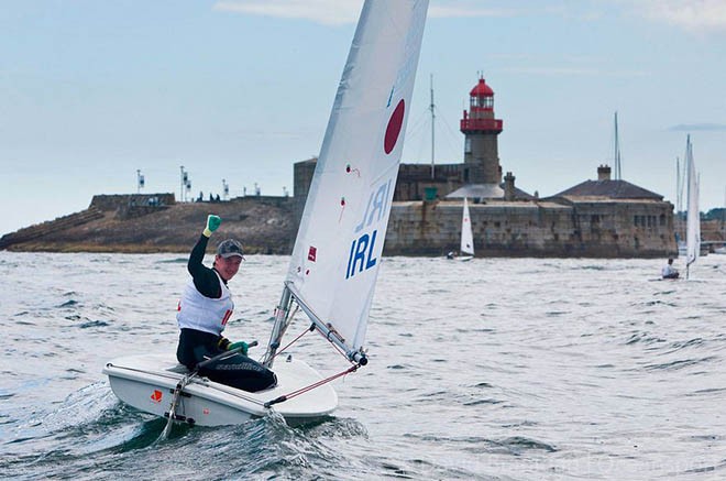 Ireland’s Finn Lynch celebrates winning the Silver medal in the Laser Radial Boys event after the final race of the ISAF Youth World Sailing Championships sponsored by Four Star Pizza on Dublin Bay, Ireland. The last time Ireland reached the podium in the 41 year history of the event was in 1996 when Laura Dillon and Ciara Peelo won bronze in Newport, Rhode Island. © David Branigan - Oceansport.ie